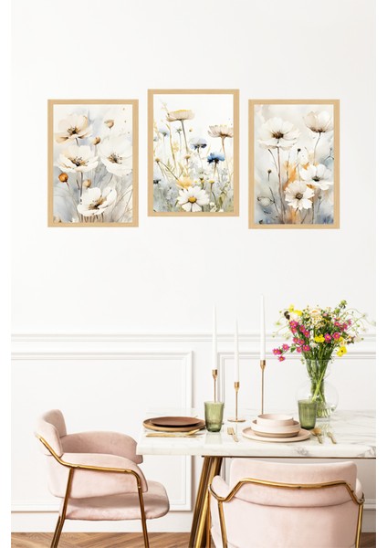 🌼 Su Bazlı Pastel Renklerde Papatya Desenli 3’lü Çerçeve Görünümlü Tablo Seti 🌼 CRVS1116 13 x 17 fırsatları