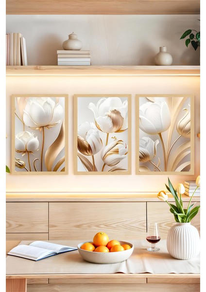 🌿 Altın Beyaz Zarafeti – 3'lü Çerçeve Görünümlü Çiçek Tablo Seti 🌟 CRVS1115 13 x 17
