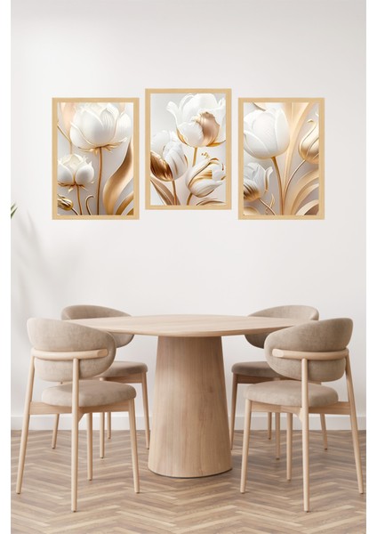 🌿 Altın Beyaz Zarafeti – 3'lü Çerçeve Görünümlü Çiçek Tablo Seti 🌟 CRVS1115 13 x 17 fiyatları