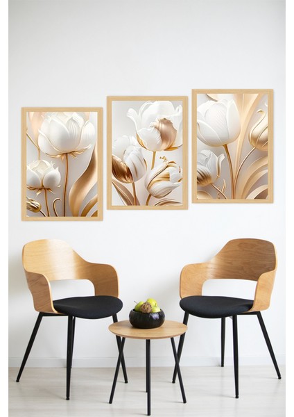 🌿 Altın Beyaz Zarafeti – 3'lü Çerçeve Görünümlü Çiçek Tablo Seti 🌟 CRVS1115 13 x 17 modelleri