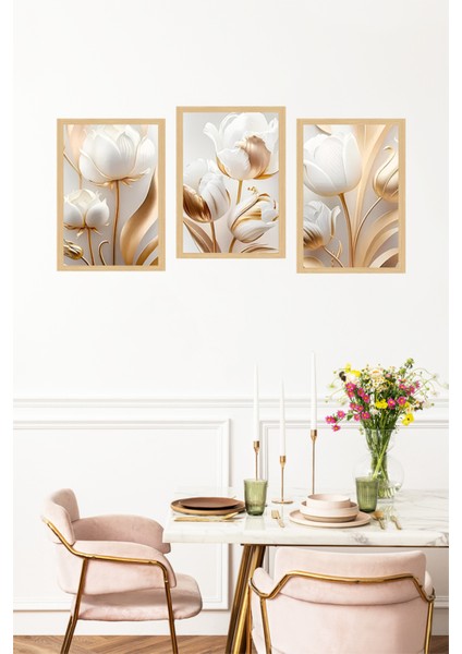 🌿 Altın Beyaz Zarafeti – 3'lü Çerçeve Görünümlü Çiçek Tablo Seti 🌟 CRVS1115 13 x 17 fırsatları