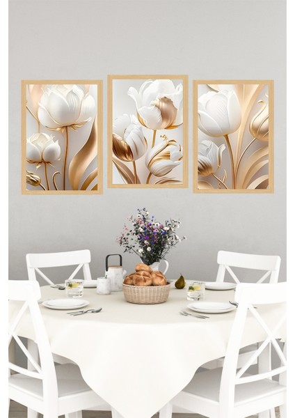 🌿 Altın Beyaz Zarafeti – 3'lü Çerçeve Görünümlü Çiçek Tablo Seti 🌟 CRVS1115 13 x 17 indirimleri