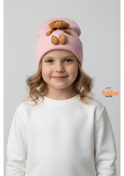 Peluş Ayıcık Detaylı Kız Çocuk Triko Bere – Yumuşak Triko Kışlık Şapka | Pamuklu Örgü Beanie Modeli