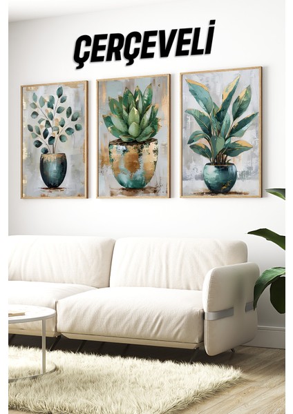 🌿 Çerçeveli 3’lü Dekoratif Bitki Tabloları | Modern Saksı Bitkileri Uv Baskılı Mdf Set🌿 CRV1112 23 x 32