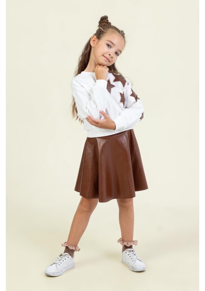 Kız Çocuk Deri Etekli Takım 4-9 Yaş Kahverengi