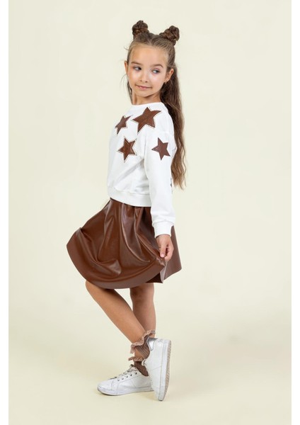 Kız Çocuk Deri Etekli Takım 4-9 Yaş Kahverengi modelleri