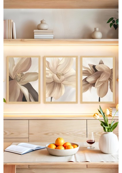🌸 Bej Tonlarında Zarif Çiçek Temalı 3'lü Çerçeve Görünümlü Tablo Seti🌟 CRVS1122 13 x 17
