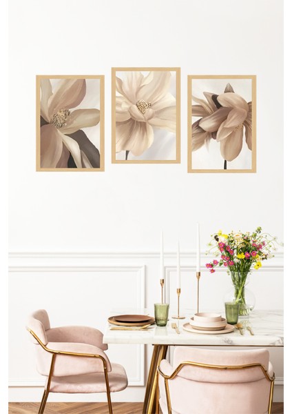 🌸 Bej Tonlarında Zarif Çiçek Temalı 3'lü Çerçeve Görünümlü Tablo Seti🌟 CRVS1122 13 x 17 fırsatları