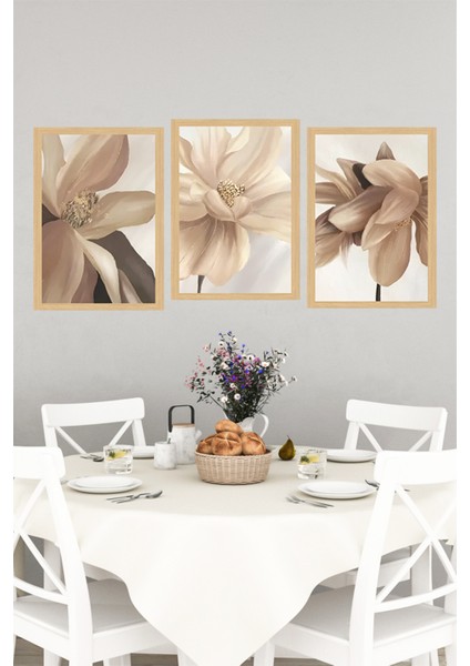 🌸 Bej Tonlarında Zarif Çiçek Temalı 3'lü Çerçeve Görünümlü Tablo Seti🌟 CRVS1122 13 x 17 indirimleri