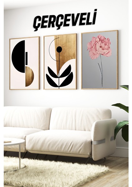 🌿 Altın Doku ve Siyah Minimalist Bitkiler Temalı 3’lü Çerçeveli Tablo Seti 🌿 CRV1121 23 x 32