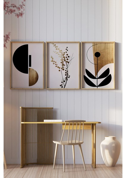🌿 Altın Doku ve Siyah Minimalist Bitkiler Temalı 3’lü Çerçeveli Tablo Seti 🌿 CRV1121 23 x 32 fiyatları