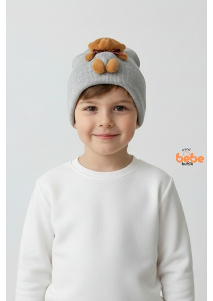 Peluş Ayıcık Figürlü Triko Bere | Erkek Çocuk Kışlık Şapka | Sıcak Tutan Yumuşak Pamuklu Triko Bere