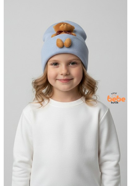 Peluş Ayıcık Detaylı Kız Çocuk Triko Bere – Yumuşak Triko Kışlık Şapka | Pamuklu Örgü Beanie Modeli