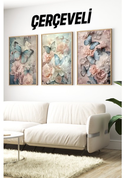 🦋 Mavi Kelebek ve Çiçek Desenli 3'lü Tablo Seti 🌿 CRV1117 23 x 32