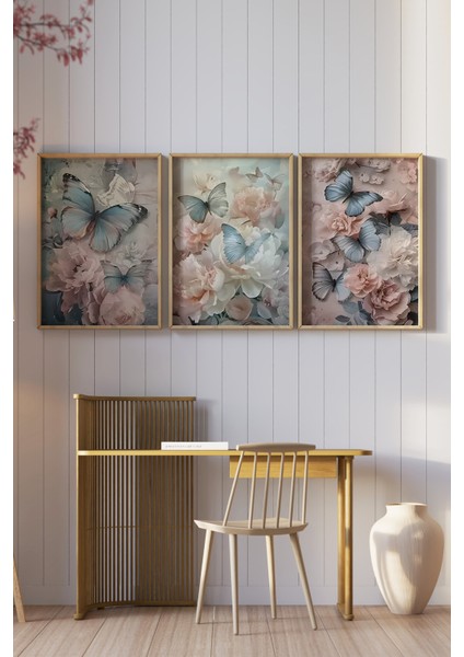 🦋 Mavi Kelebek ve Çiçek Desenli 3'lü Tablo Seti 🌿 CRV1117 23 x 32 fiyatları