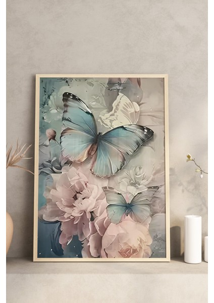 🦋 Mavi Kelebek ve Çiçek Desenli 3'lü Tablo Seti 🌿 CRV1117 23 x 32 modelleri