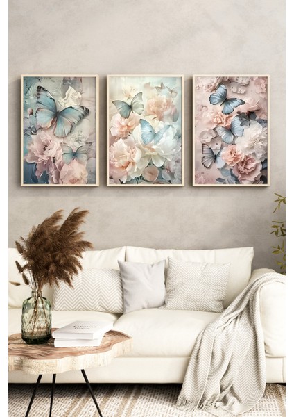 🦋 Mavi Kelebek ve Çiçek Desenli 3'lü Tablo Seti 🌿 CRV1117 23 x 32 fırsatları