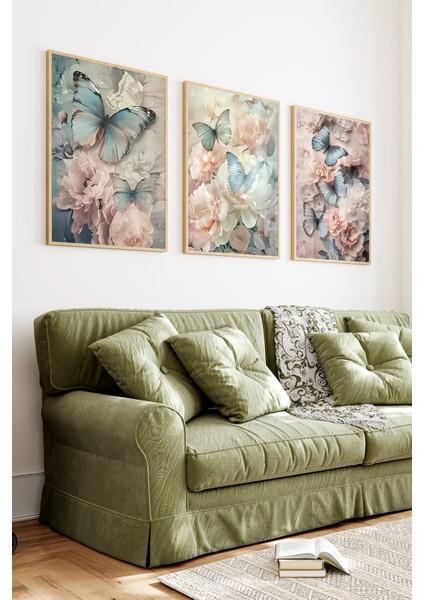🦋 Mavi Kelebek ve Çiçek Desenli 3'lü Tablo Seti 🌿 CRV1117 23 x 32 indirimleri