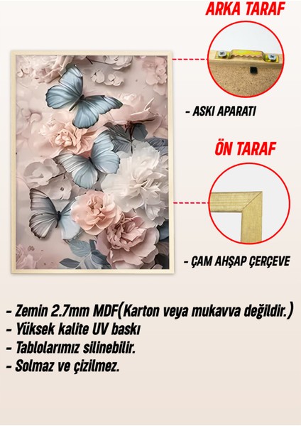 🦋 Mavi Kelebek ve Çiçek Desenli 3'lü Tablo Seti 🌿 CRV1117 23 x 32