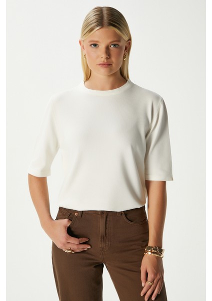 Viscose Doku Next Premium Selection Ekru Yarım Kol Triko Kazak