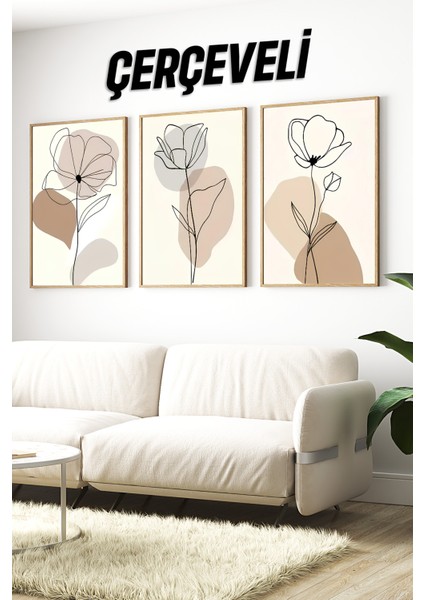 🌿 Modern Çizgisel Çiçek Desenli 3’lü Çerçeveli Tablo Seti 🌿 CRV1118 23 x 32