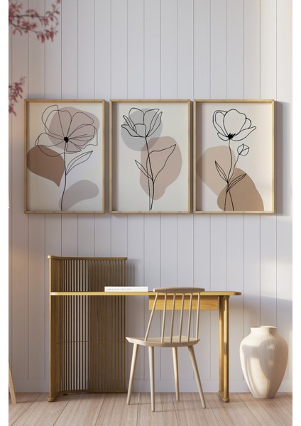 🌿 Modern Çizgisel Çiçek Desenli 3’lü Çerçeveli Tablo Seti 🌿 CRV1118 23 x 32 fiyatları