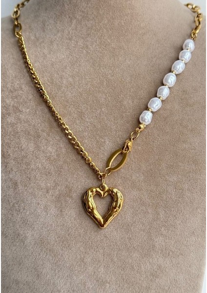 Çelik Incili Kalp Figürlü Zincir Kolye