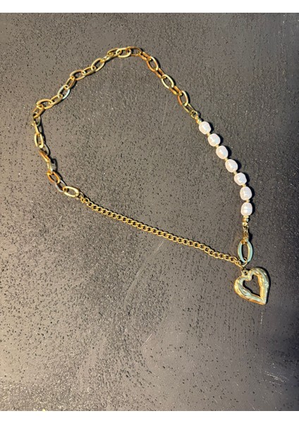 Çelik Incili Kalp Figürlü Zincir Kolye