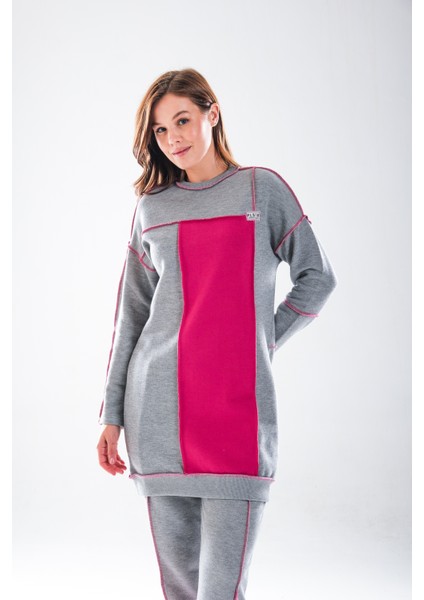 2277_KADIN Tesettür Homewear Eşofman Takım – Bisiklet Yaka Sweat, Dikiş Detaylı, Havuç Fit, Fuşyagri