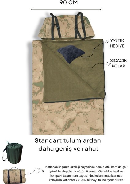Geniş Kamuflaj Uyku Tulumu(-25 ) Su GEÇIRMEZ(220×90 Cm) 220 gr ELYAF/180 gr Polar Kamp&deprem