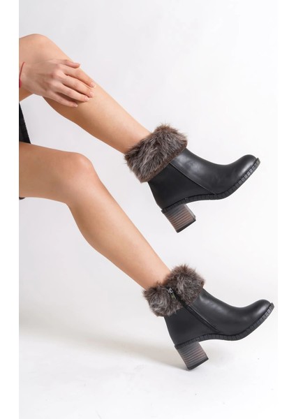 Julıa Fermuarlı Ortopedik Taban Tüylü Topuklu Kadın Bot St - Siyah modelleri
