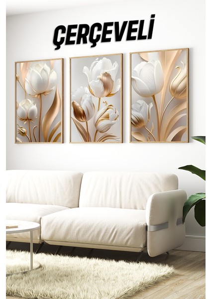 ✨ Altın Beyaz Lale Desenli 3’lü Çerçeveli Tablo Seti 🌿 CRV1115 23 x 32