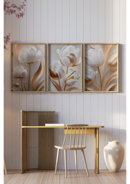 ✨ Altın Beyaz Lale Desenli 3’lü Çerçeveli Tablo Seti 🌿 CRV1115 23 x 32 fiyatları