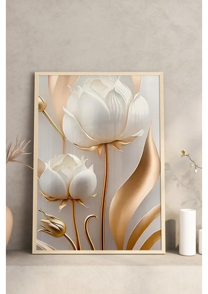 ✨ Altın Beyaz Lale Desenli 3’lü Çerçeveli Tablo Seti 🌿 CRV1115 23 x 32 modelleri