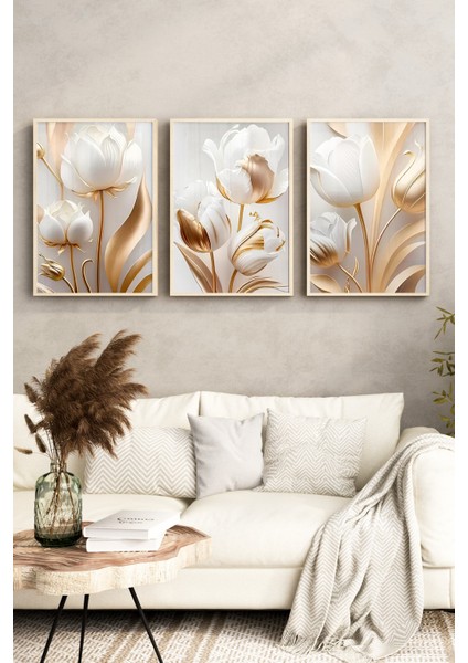 ✨ Altın Beyaz Lale Desenli 3’lü Çerçeveli Tablo Seti 🌿 CRV1115 23 x 32 fırsatları