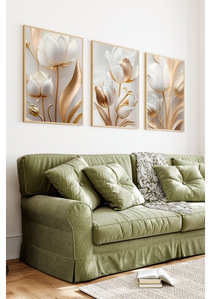 ✨ Altın Beyaz Lale Desenli 3’lü Çerçeveli Tablo Seti 🌿 CRV1115 23 x 32 indirimleri