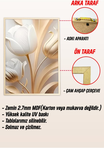 ✨ Altın Beyaz Lale Desenli 3’lü Çerçeveli Tablo Seti 🌿 CRV1115 23 x 32