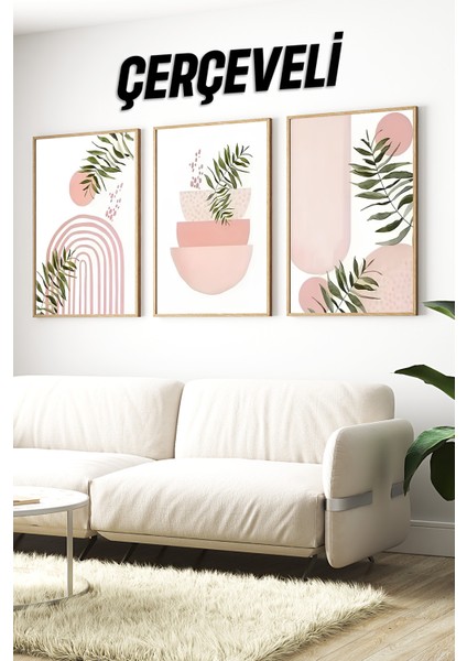 🌿 Soft Pembe ve Yeşil Yapraklar Temalı 3’lü Ahşap Çerçeveli Tablo Seti 🌿 CRV1124 23 x 32