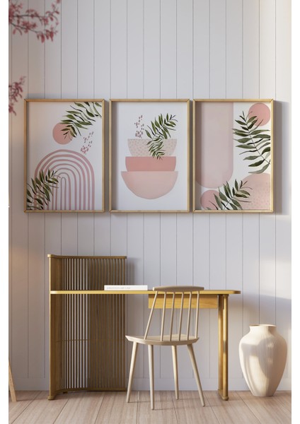 🌿 Soft Pembe ve Yeşil Yapraklar Temalı 3’lü Ahşap Çerçeveli Tablo Seti 🌿 CRV1124 23 x 32 fiyatları