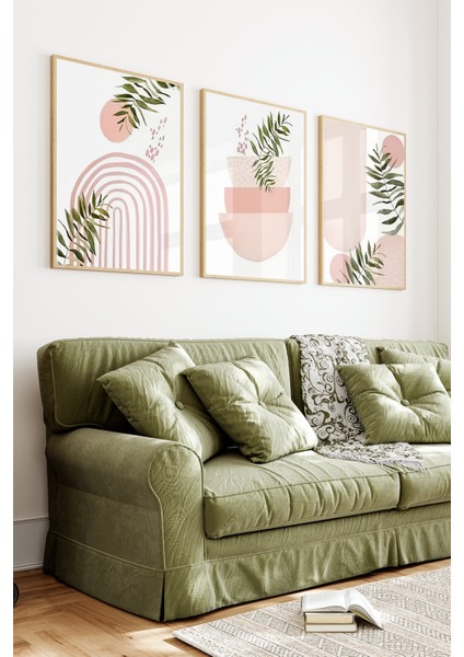 🌿 Soft Pembe ve Yeşil Yapraklar Temalı 3’lü Ahşap Çerçeveli Tablo Seti 🌿 CRV1124 23 x 32 indirimleri
