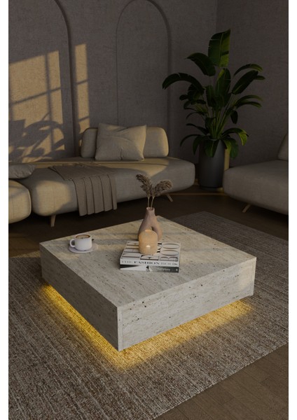 LED Işık Aydınlatmalı Uçan Kare Orta Sehpa Küp Sehpa Traverten Desen