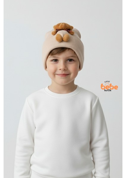 Peluş Ayıcık Figürlü Triko Bere | Erkek Çocuk Kışlık Şapka | Sıcak Tutan Yumuşak Pamuklu Triko Bere