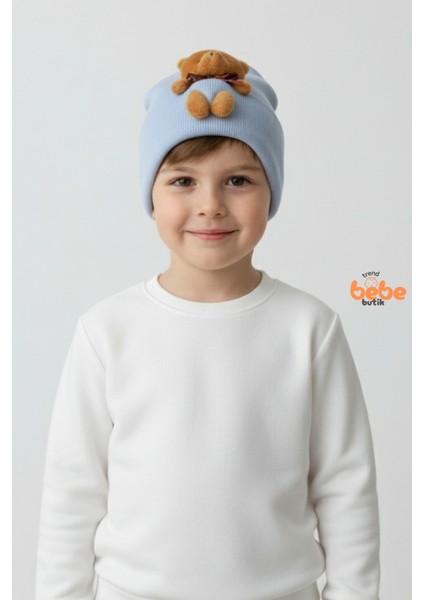 Peluş Ayıcık Figürlü Triko Bere | Erkek Çocuk Kışlık Şapka | Sıcak Tutan Yumuşak Pamuklu Triko Bere