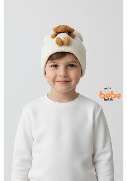 Peluş Ayıcık Figürlü Triko Bere | Erkek Çocuk Kışlık Şapka | Sıcak Tutan Yumuşak Pamuklu Triko Bere