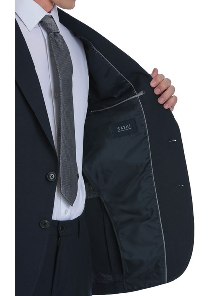 Lacivert Slim Fit Mono Yaka Keten Takım Elbise