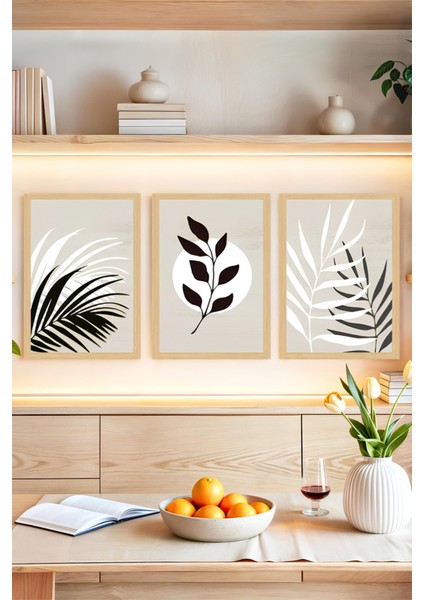 🌿 Siyah Beyaz Yaprak Desenli 3’lü Modern Minimal Tablo Seti🌟 CRVS1128 21 x 30