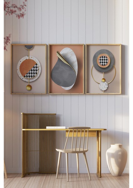 🌀 Modern Geometrik Formlar ve Doku Efektli 3’lü Çerçeveli Tablo Seti🌿 CRV1134 23 x 32 fiyatları