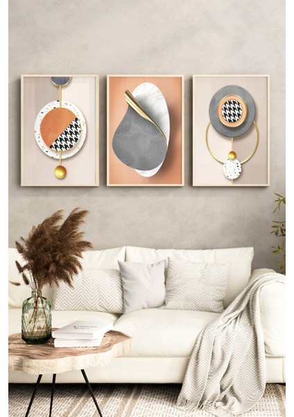🌀 Modern Geometrik Formlar ve Doku Efektli 3’lü Çerçeveli Tablo Seti🌿 CRV1134 23 x 32 fırsatları