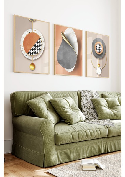 🌀 Modern Geometrik Formlar ve Doku Efektli 3’lü Çerçeveli Tablo Seti🌿 CRV1134 23 x 32 indirimleri