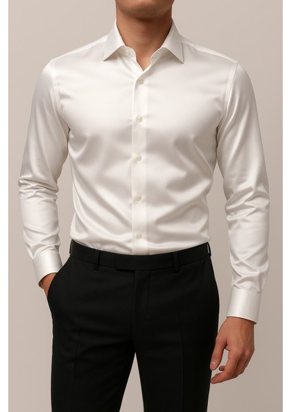 Slim Fit Uzun Kollu Kolay Ütü Teri Emen Nefes Alan Doku Kravatlık Dört Mevsim Beyaz Erkek Gömlek